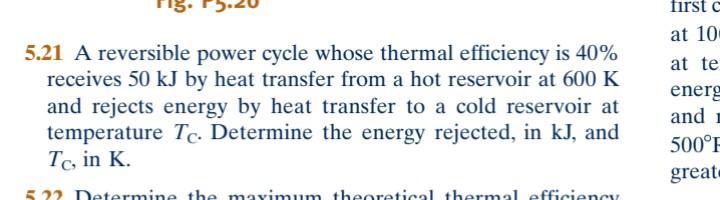 Solved 5.21 A reversible power cycle whose thermal | Chegg.com