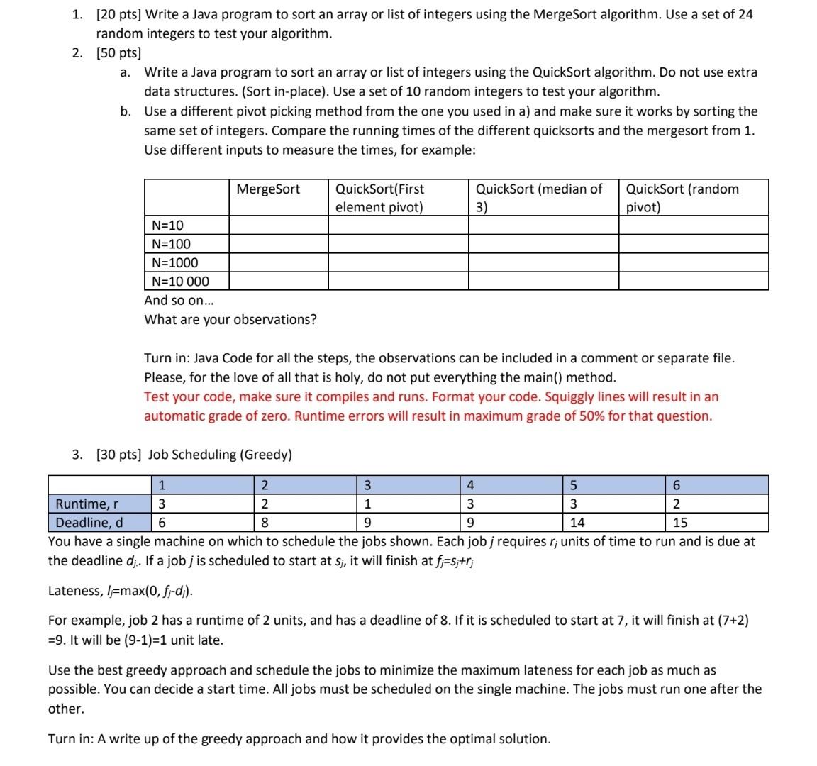 1. (20 Pts] Write A Java Program To Sort An Array Or | Chegg.Com