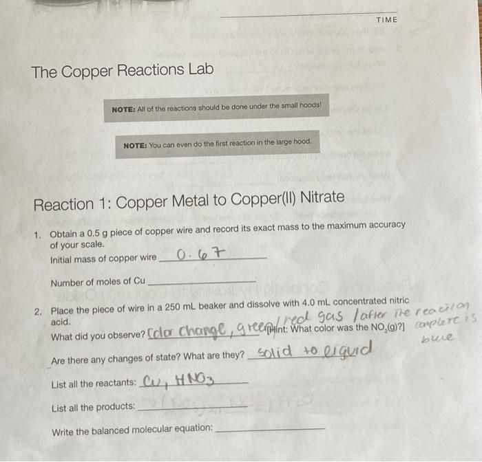 Solved TIME The Copper Reactions Lab NOTE: All Of The | Chegg.com