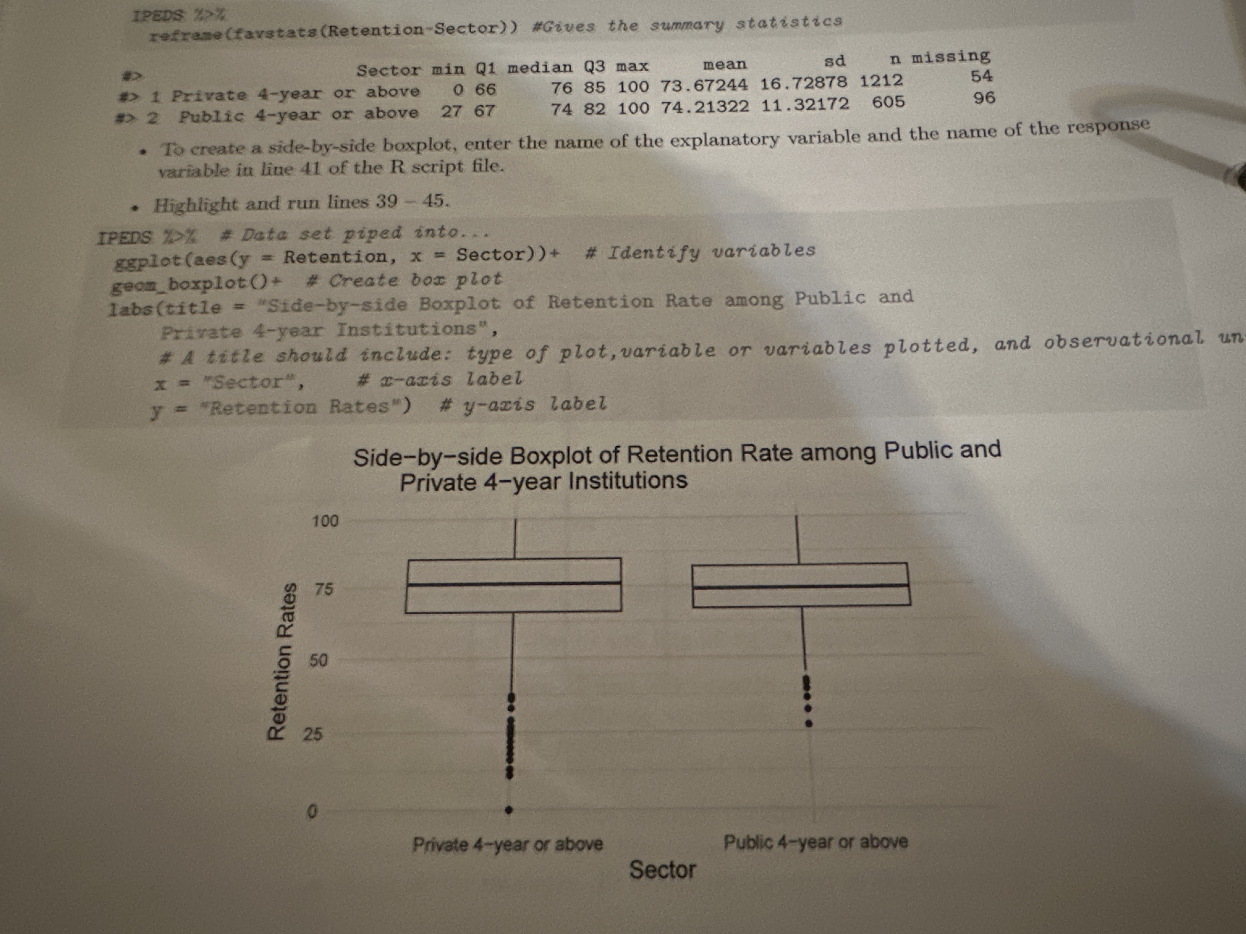 Solved IPEDS %>%reframe (favstats (Retention-Sector)) | Chegg.com