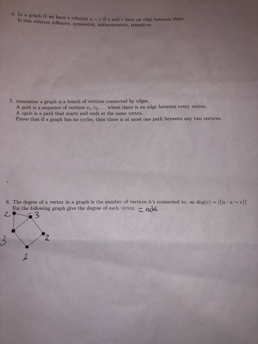 in a graph G we have a relation and Is this relation reflexive, symmetric, antisymmetric, transitive. have an edge between th
