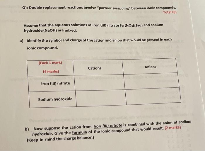 Solved Q): Double replacement reactions involve “partner | Chegg.com