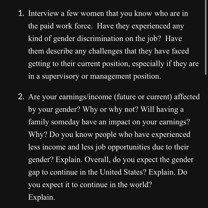 Solved 1. Interview a few women that you know who are in the | Chegg.com