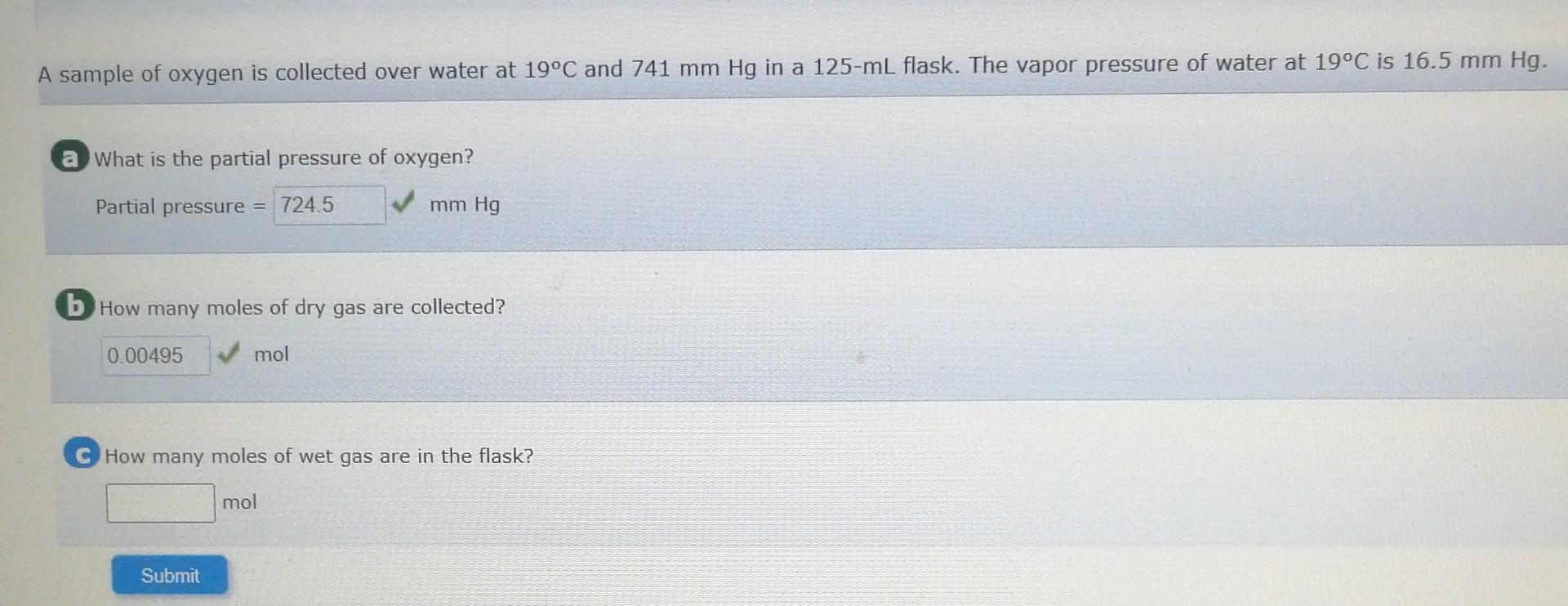 Solved A sample of oxygen is collected over water at 19∘C | Chegg.com