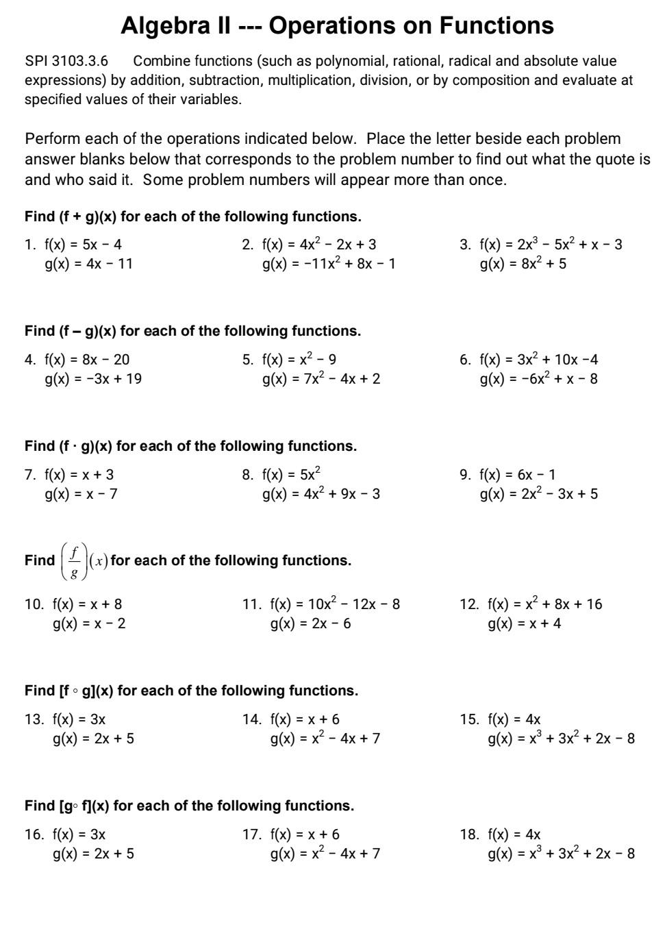 Solved Algebra II Operations on Functions SPI 3103.3.6 | Chegg.com