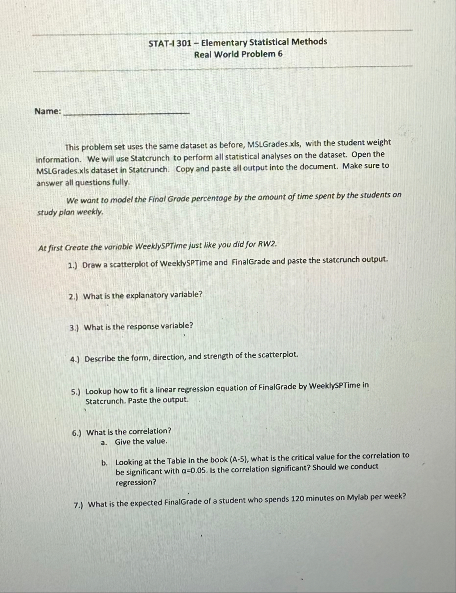 STAT-1 301 - ﻿Elementary Statistical Methods Real | Chegg.com
