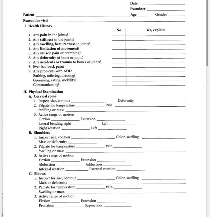 II. Physical Examination A. Cervical spine 1. Inspect | Chegg.com