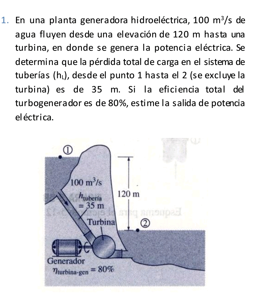 En una planta generadora hidroeléctrica, \( 100 \mathrm{~m}^{3} / \mathrm{s} \) de agua fluyen desde una elevación de \( 120