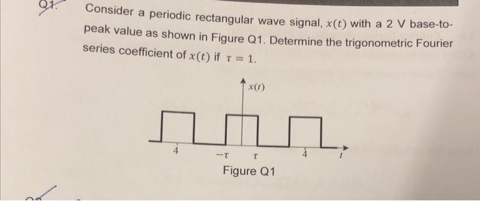 Consider a periodic rectangular wave signal, \( x(t) \) with a \( 2 \mathrm{~V} \) base-topeak value as shown in Figure Q1. D