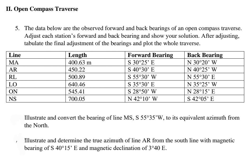 Solved II. Open Compass Traverse 5. The data below are the | Chegg.com