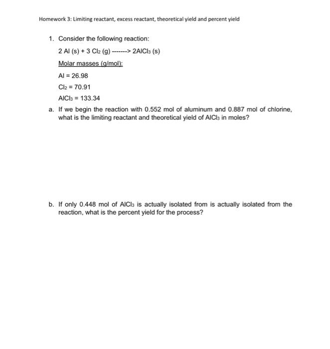 Solved Homework 3: Limiting reactant, excess reactant, | Chegg.com