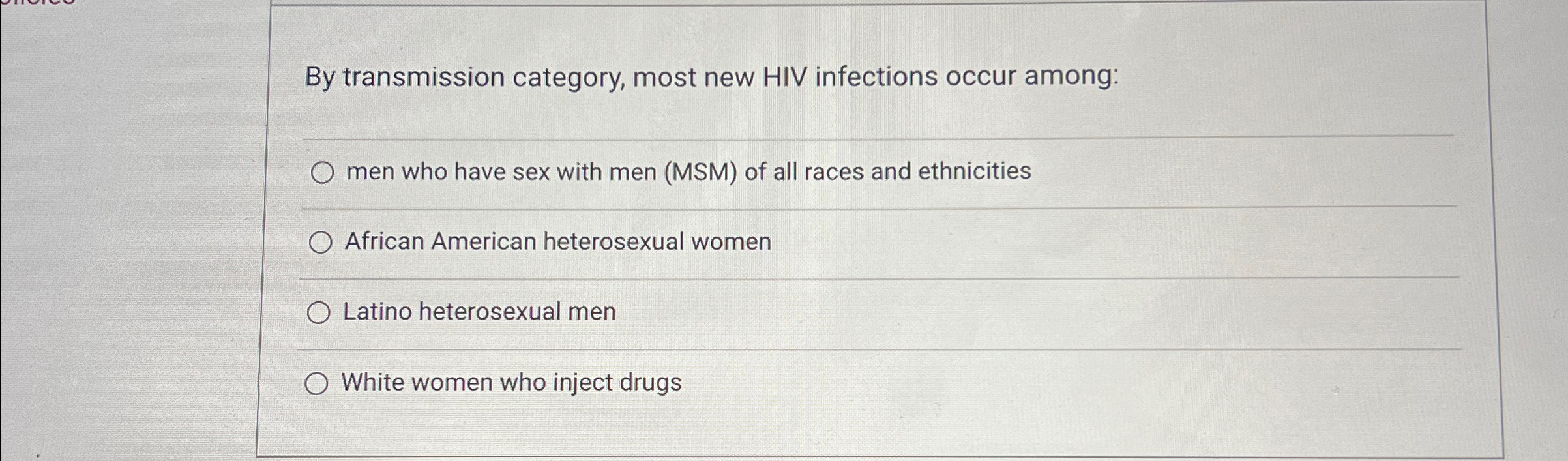 Solved By transmission category, most new HIV infections | Chegg.com