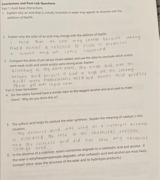 Solved Conclusions and Post-Lab Questions Part 1: Acid-base | Chegg.com