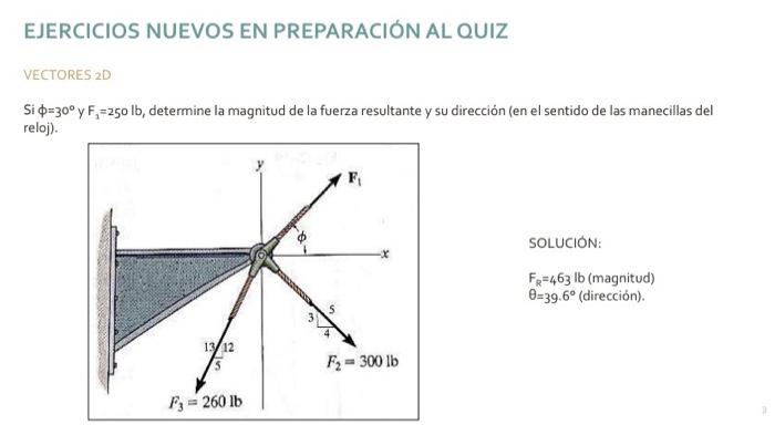 EJERCICIOS NUEVOS EN PREPARACIÓN AL QUIZ VECTORES 2 D Si \( \phi=30^{\circ} \) y \( F_{1}=250 \mathrm{lb} \), determine la ma