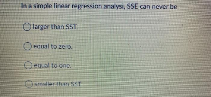 Solved In a simple linear regression analysi, SSE can never 