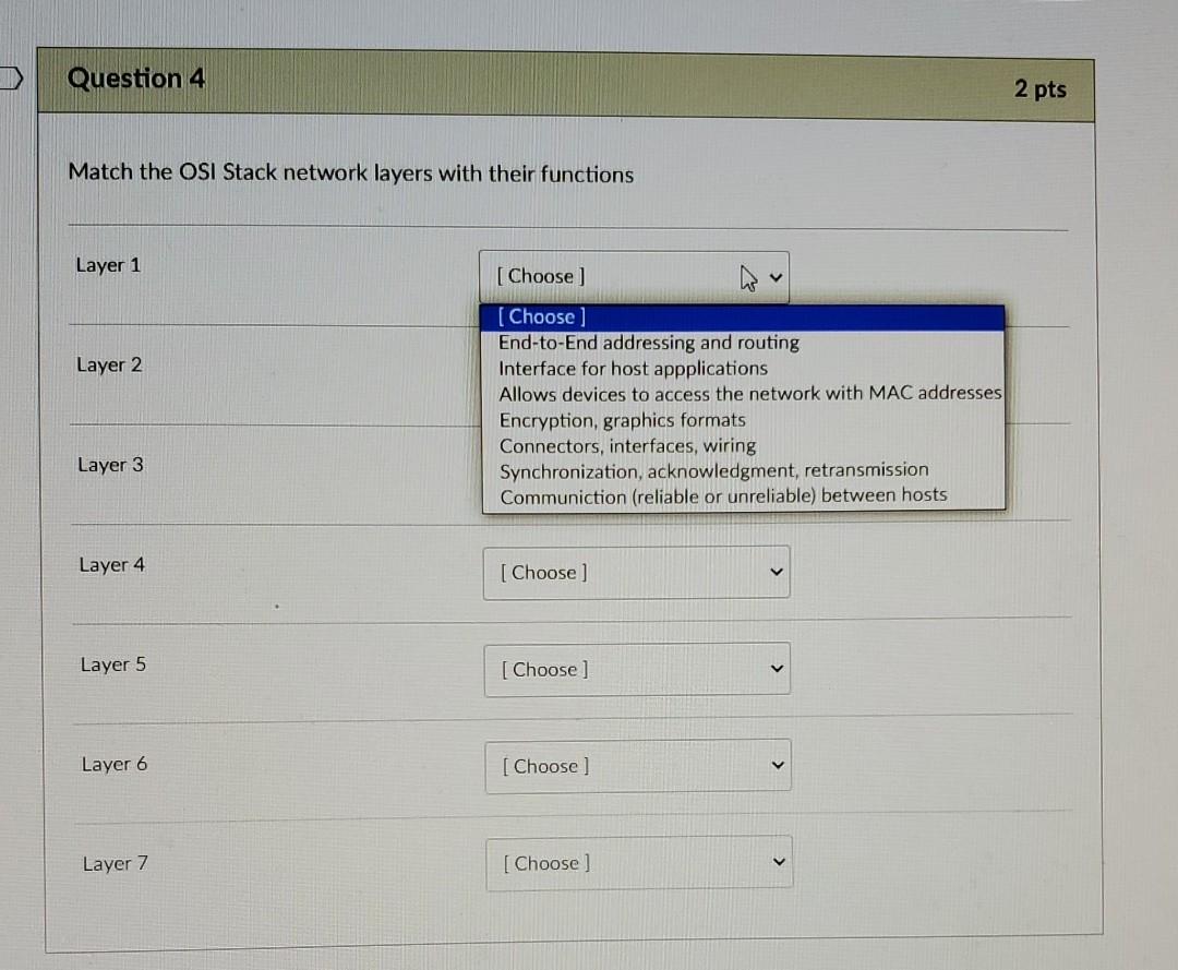 Solved Question 4 2 pts Match the OSI Stack network layers | Chegg.com