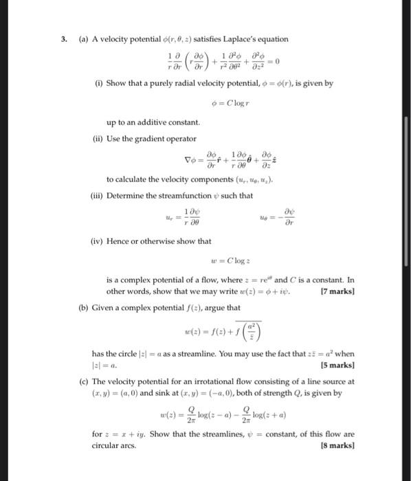 Solved 3. (a) A velocity potential ϕ(r,θ,z) satisfies | Chegg.com