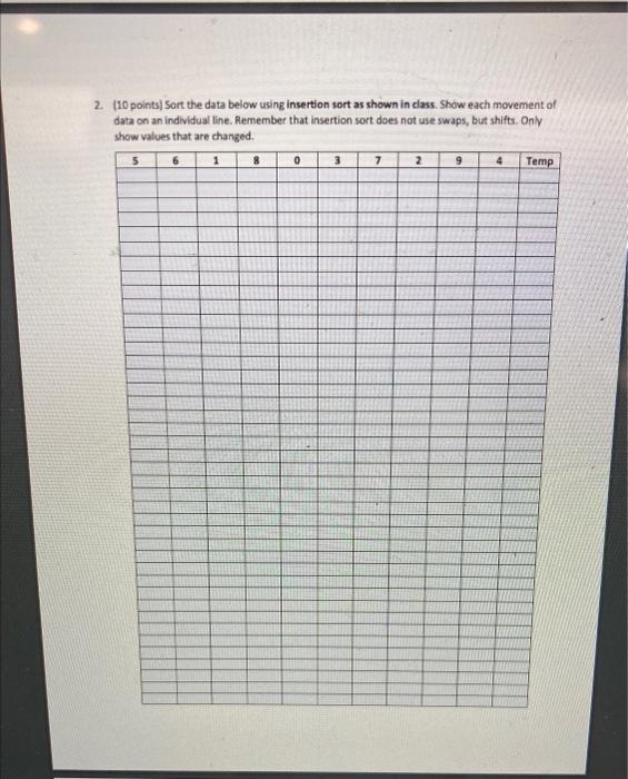 Solved 1. (10 points) Sort the data below using selection | Chegg.com
