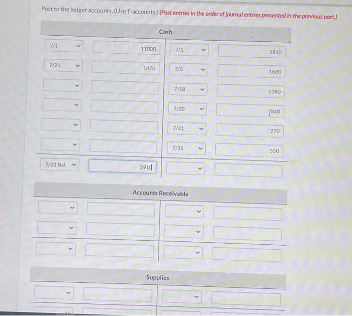 Solved Post to the ledger accounts. (Use T-accounts.) | Chegg.com