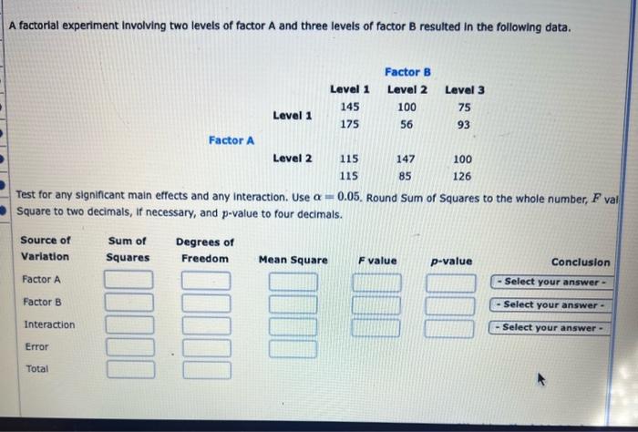Solved A factorial experiment Involving two levels of factor | Chegg.com
