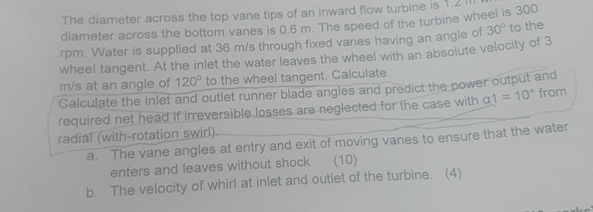 Solved The diameter across the top vane tips of an inward | Chegg.com