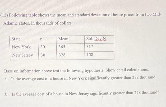 Solved 12) Following table shows the mean and standard | Chegg.com
