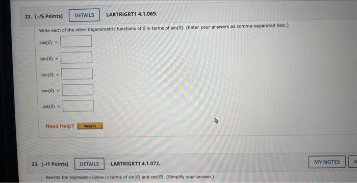 Solved Write Each Of The Other Trigonometric Functions Of θ 4394