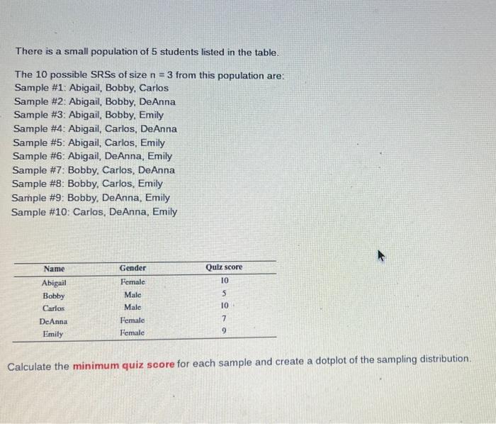 Solved There is a small population of 5 students listed in | Chegg.com