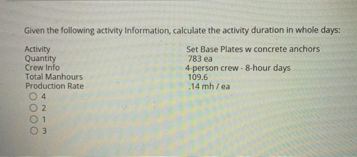 Solved Given the following activity Information, calculate | Chegg.com