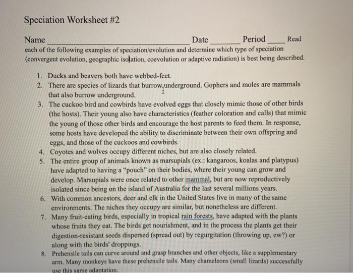 Speciation Worksheet 2 Name Date Period Read Each Of Chegg 