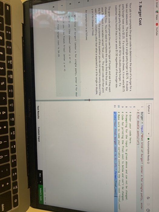 Solved Gmail Maps YouTube Python 3 • Autocomplete Ready o 1 | Chegg.com