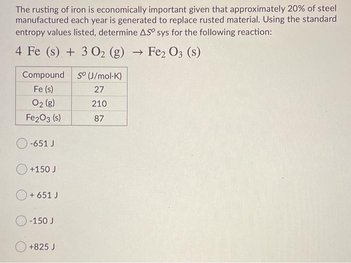 Solved The Rusting Of Iron Is Economically Important Given Chegg Com