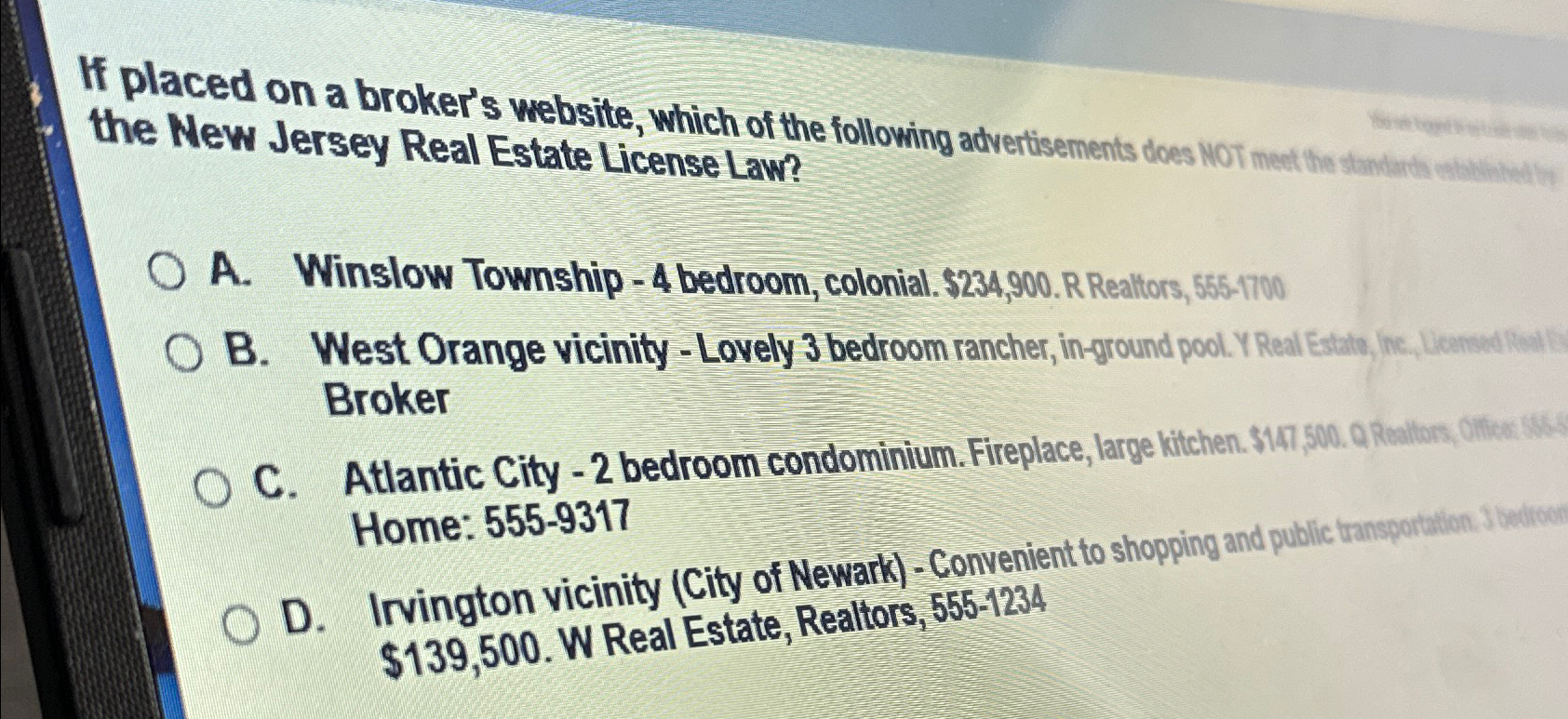 Solved the New Jersey Real Estate License Law?A. ﻿Winslow