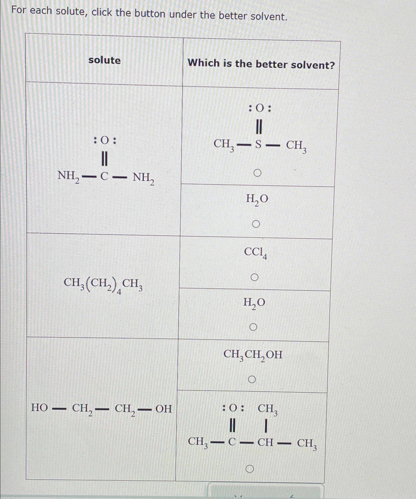 Solved For each solute, click the button under the better | Chegg.com
