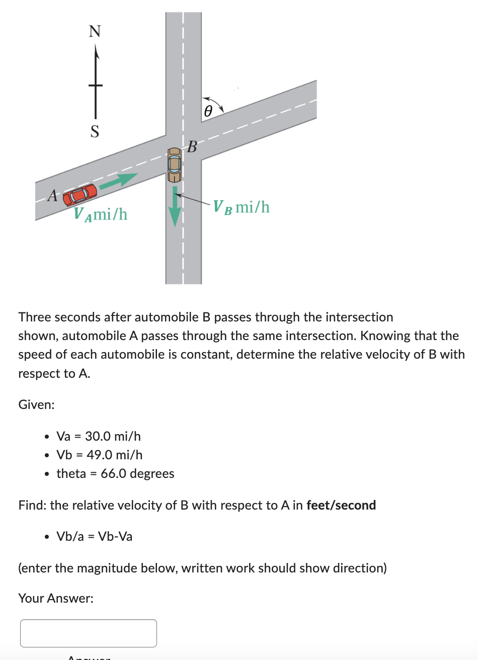 Solved Three Seconds After Automobile B Passes Through The | Chegg.com