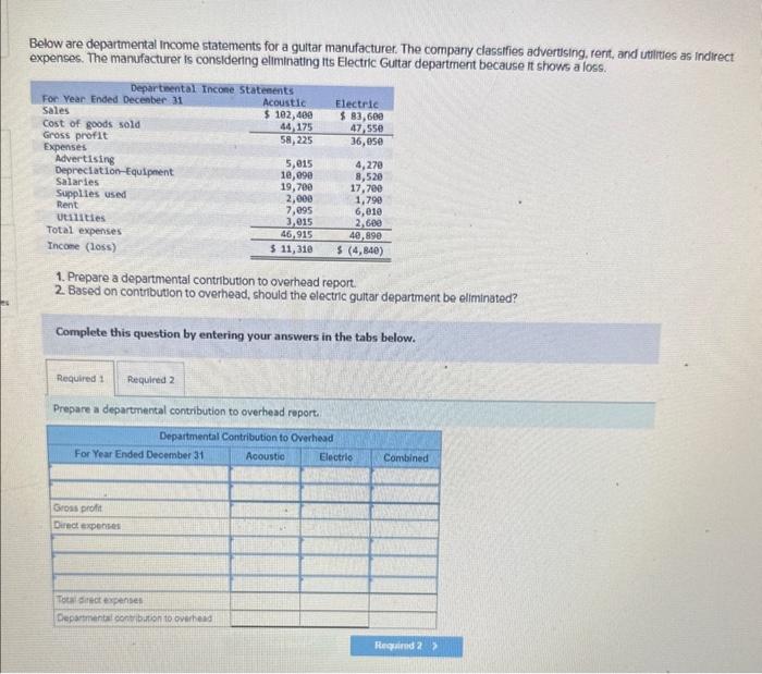 Solved Below are departmental income statements for a guitar | Chegg.com