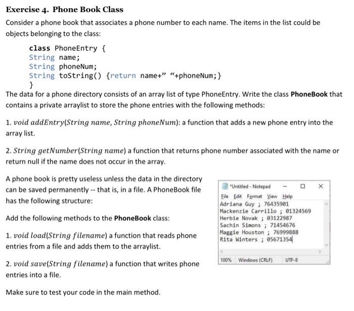 Solved Exercise 4. Phone Book Class Consider a phone book | Chegg.com