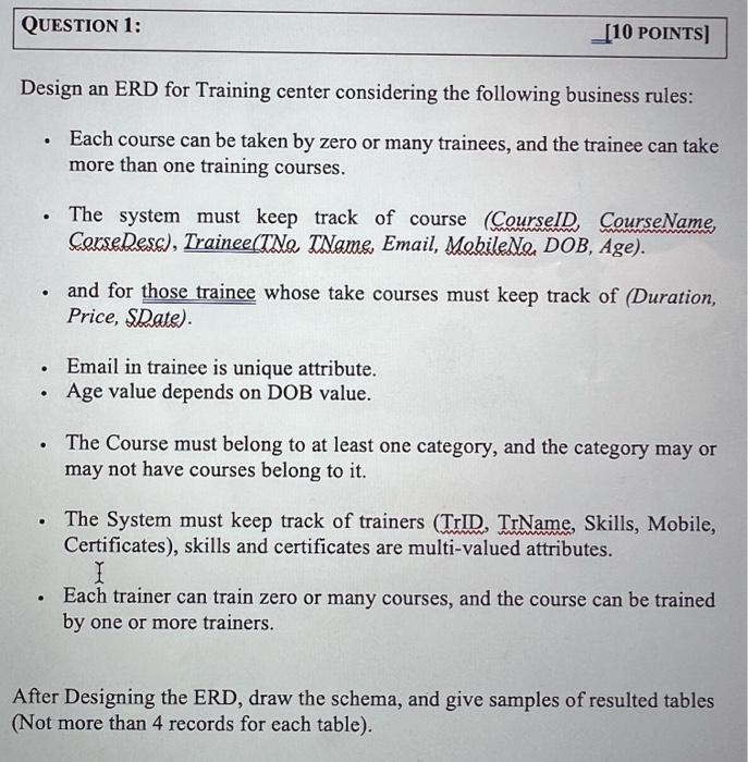 Design an ERD for Training center considering the following business rules:
- Each course can be taken by zero or many traine