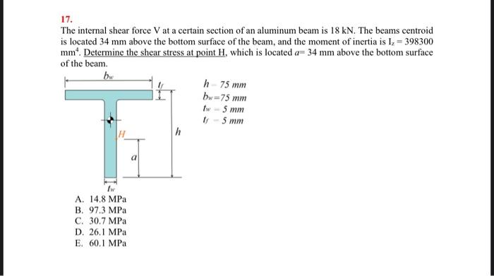 Solved 17. The Internal Shear Force V At A Certain Section | Chegg.com