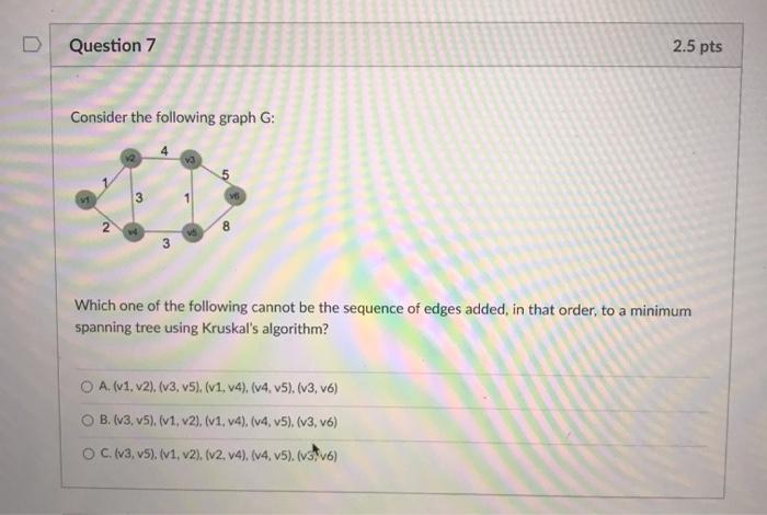 Solved Question 8 2.5 pts Consider the following graph G: 3 | Chegg.com