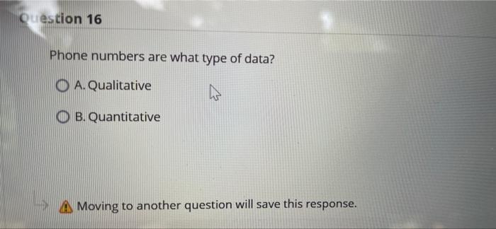 Solved Question 16 Phone numbers are what type of data? O A. | Chegg.com