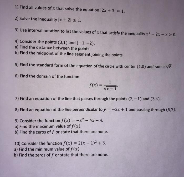 Solved 1) Find all values of x that solve the equation |2x + | Chegg.com