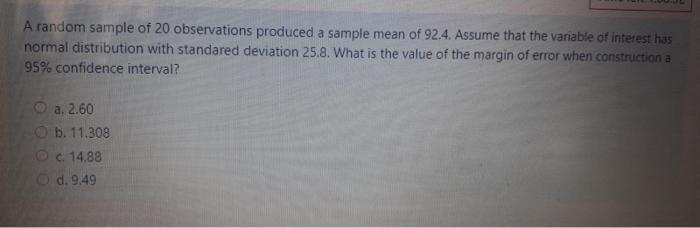 Solved A random sample of 20 observations produced a sample | Chegg.com
