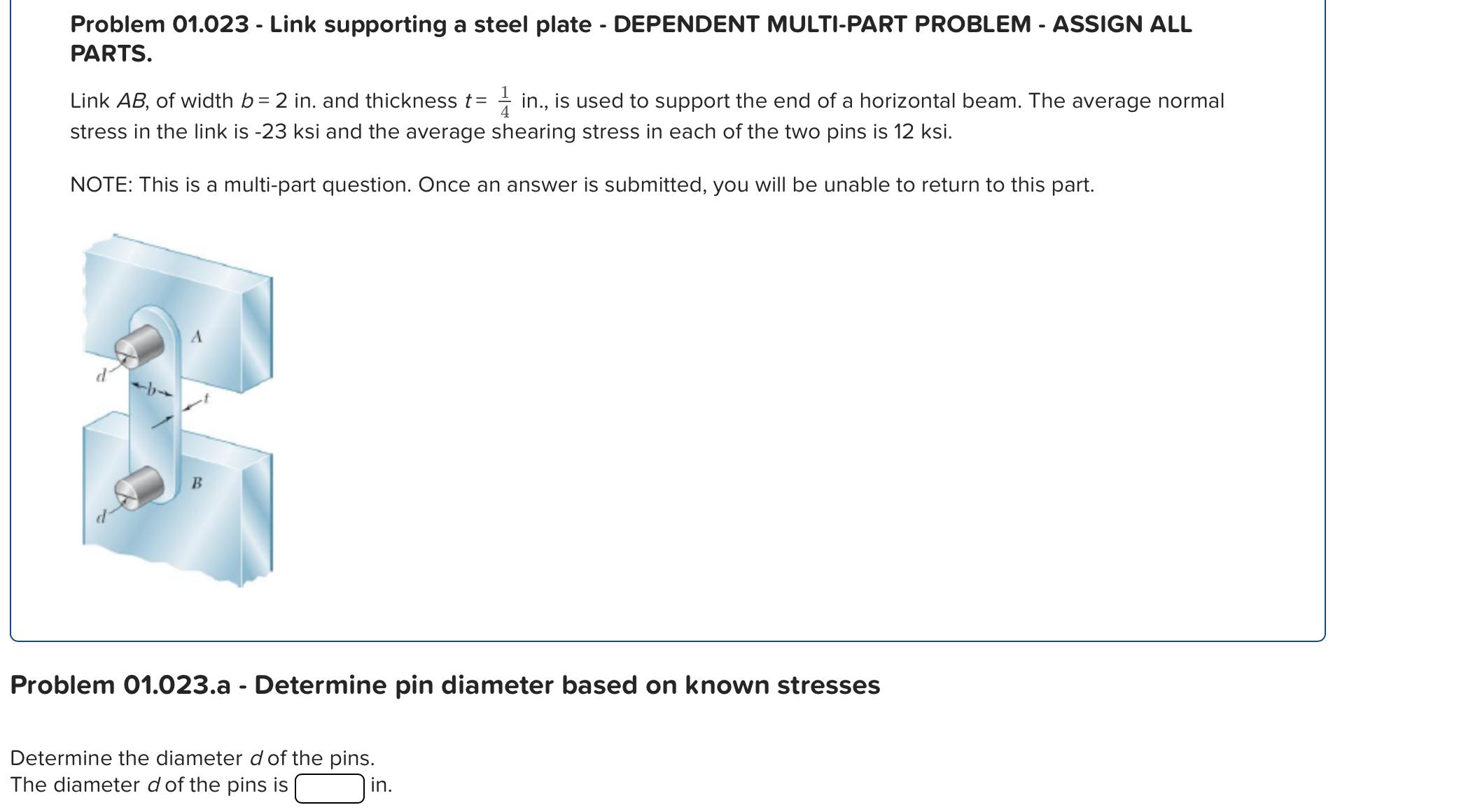 Solved Problem 01.023 - ﻿Link supporting a steel plate - | Chegg.com