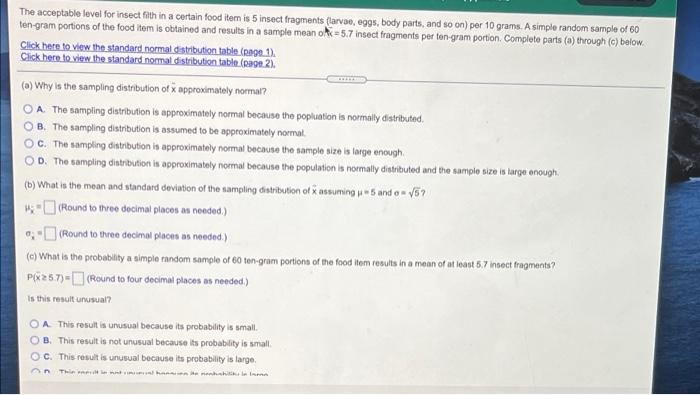 Solved The acceptable level for insect filth in a certain | Chegg.com