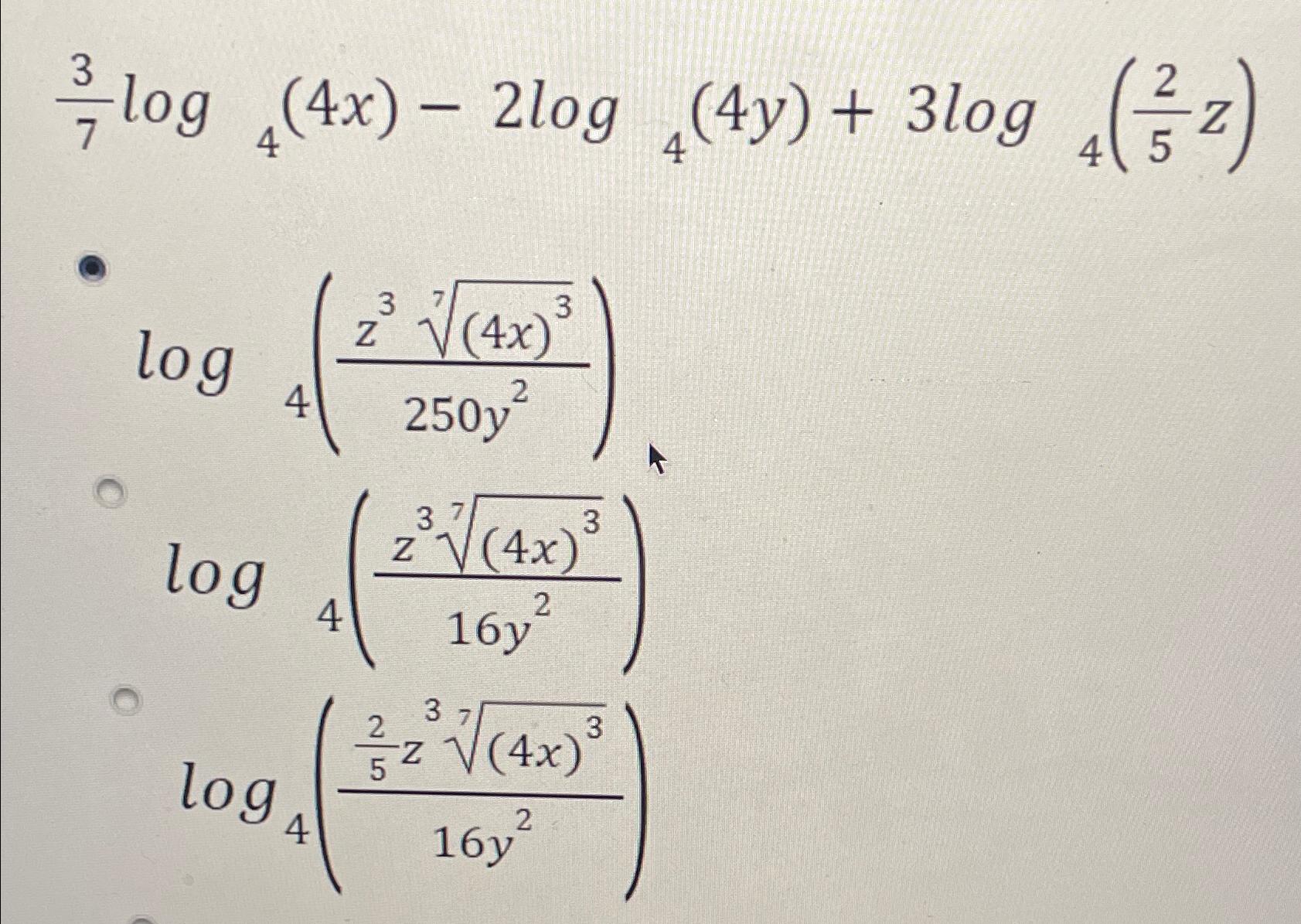 Solved 37log4(4x)-2log4(4y)+3log4(25z)log4(z3(4x)37250y2)log | Chegg.com