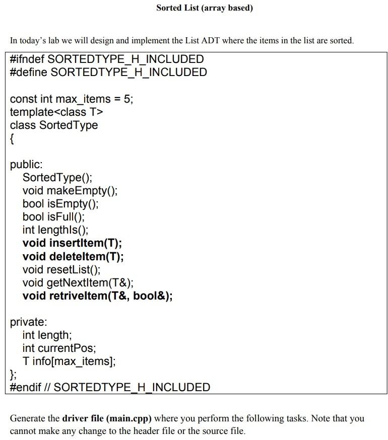 Solved Sorted List (array based) In today's lab we will | Chegg.com