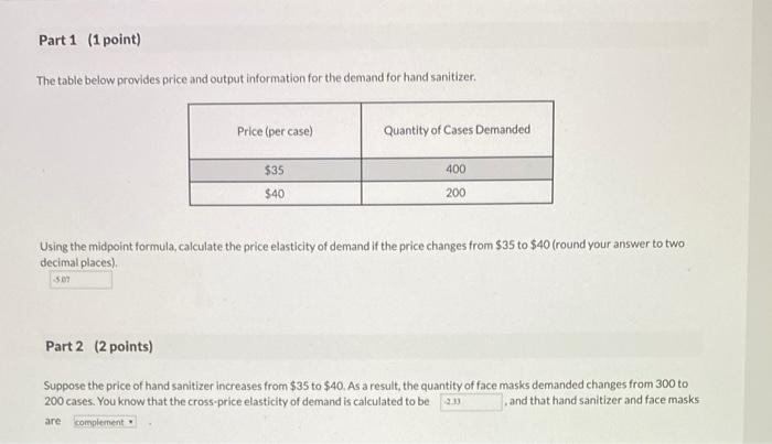 Solved Part 1 (1 point) The table below provides price and | Chegg.com