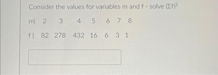 Solved Consider the values for variables m and f-solve (Σf)² | Chegg.com