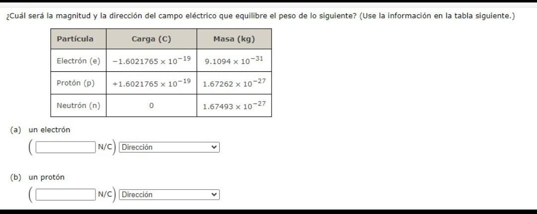 (a) un electrón \[ (\mathrm{N} / \mathrm{C}) \] (b) un protón \[ (\quad \mathrm{N} / \mathrm{C}) \]